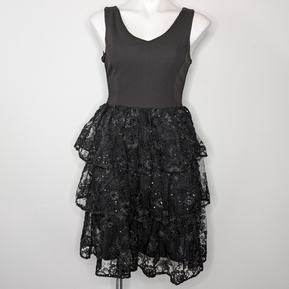 Julia Jordan black tiered layered sequin fit & flare v neck knee length dress 4 - Picture 2 of 10